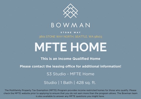 An advertisement for a bowman MFTE home located at 3801 Stone Way North Seattle, WA 98103.